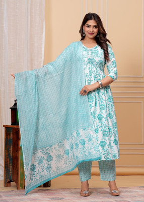 Art Avenue Floral Print, Embroidered Kurta, Trouser/Pant & Dupatta Set