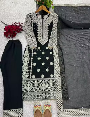 Aksharam Embroidered Kurta, Palazzo & Dupatta Set