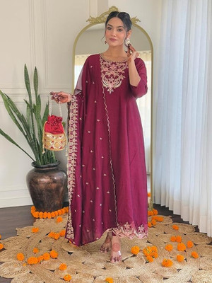 Skyliner Embroidered Anarkali Kurta, Bottom & Dupatta Set