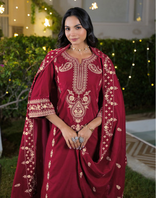 Skylee Embroidered, Embellished Kurta, Trouser/Pant & Dupatta Set