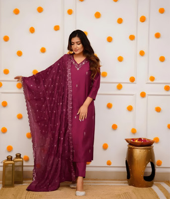 Komfortive Embroidered Kurta, Trouser/Pant & Dupatta Set