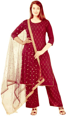 HOC's Embellished, Embroidered Kurta, Palazzo & Dupatta Set
