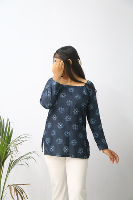 aanzri Women Floral Print A-line Kurta(Dark Blue)