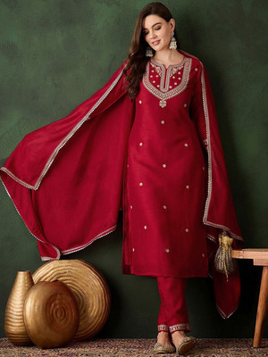 Sangria Embroidered Kurta, Trouser/Pant & Dupatta Set