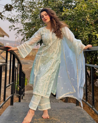BOUGHT FIRST Embroidered Kurta, Trouser/Pant & Dupatta Set