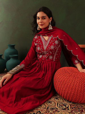 Sangria Embroidered Anarkali Kurta, Bottom & Dupatta Set