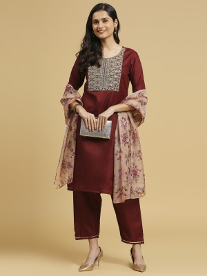 FABDEAL Embroidered, Solid Kurta, Trouser/Pant & Dupatta Set