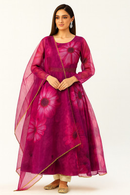 teenalo Floral Print Anarkali Kurta, Bottom & Dupatta Set