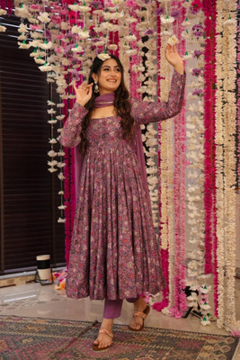 zaierra Floral Print Anarkali Kurta, Bottom & Dupatta Set