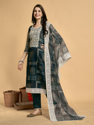 jmm Geometric Print Kurta, Palazzo & Dupatta Set