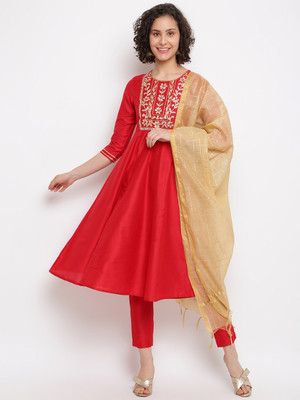 IMARA Solid, Embroidered Anarkali Kurta, Bottom & Dupatta Set