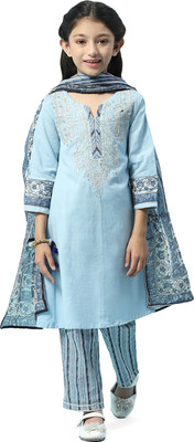 BIBA Girls Festive & Party Kurta and Trouser Set(Blue Pack of 3)