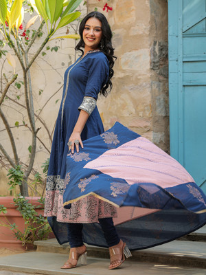 Rain & Rainbow Self Design Anarkali Kurta, Bottom & Dupatta Set