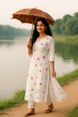 Orange Paper Embroidered Kurta, Trouser/Pant & Dupatta Set