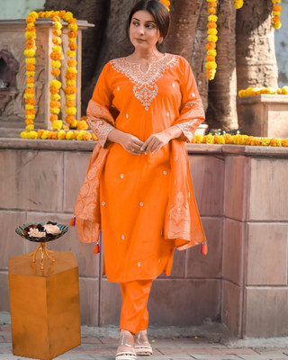 MEHZEEL FAB Embroidered Kurta, Trouser/Pant & Dupatta Set