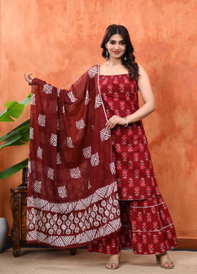 SavyTrendz Printed Kurta, Sharara & Dupatta Set