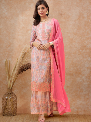 Tasrika Embroidered, Printed Kurta, Sharara & Dupatta Set