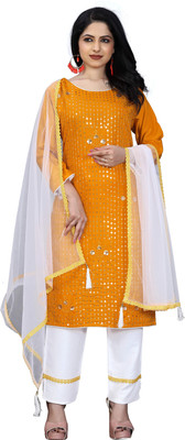 HOC's Embroidered, Embellished Kurta, Churidar & Dupatta Set