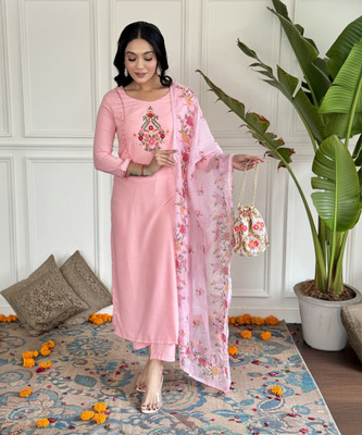 Fabrion Embroidered, Solid, Floral Print Kurta, Salwar & Dupatta Set