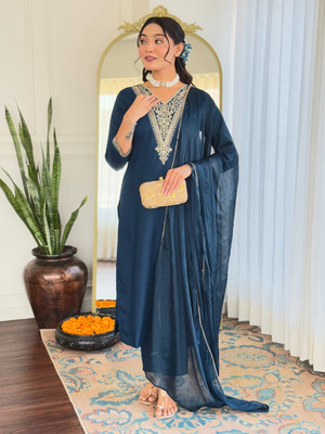 GlimmerGown Embroidered Kurta, Trouser/Pant & Dupatta Set