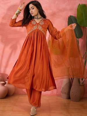 Sangria Embroidered Anarkali Kurta, Bottom & Dupatta Set