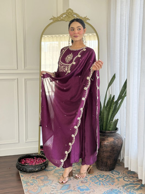 OMICRON FAB Embroidered Kurta, Palazzo & Dupatta Set