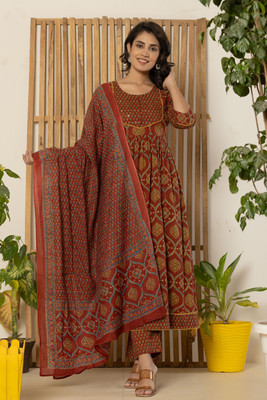 KRATI CREATIONS Floral Print Anarkali Kurta, Bottom & Dupatta Set