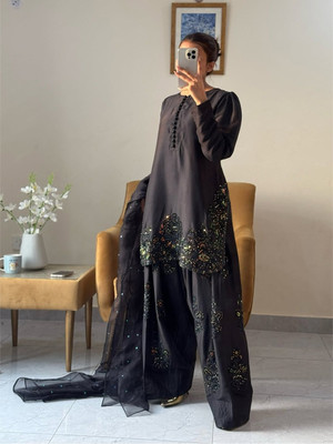 Firewave Embroidered Kurta, Palazzo & Dupatta Set