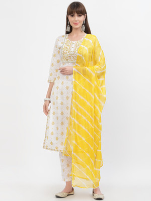 Yellow Cloud Embroidered Kurta, Trouser/Pant & Dupatta Set