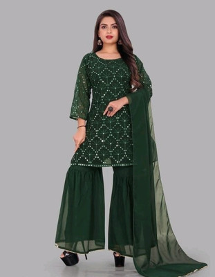 JP FASHION Embroidered Kurta, Sharara & Dupatta Set