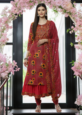 BIBA Floral Print Kurta, Churidar & Dupatta Set