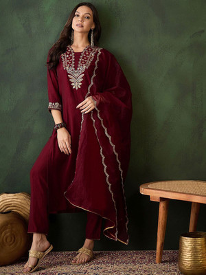 Sangria Embroidered Kurta, Trouser/Pant & Dupatta Set