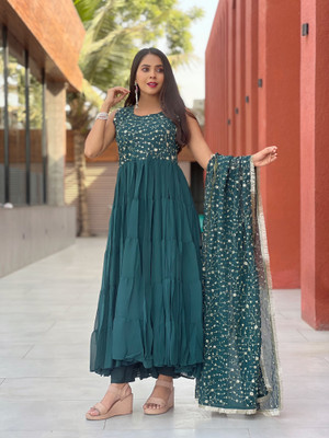 HOUSE OF COMMON Embroidered Anarkali Kurta, Bottom & Dupatta Set