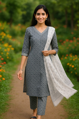 Orange Paper Printed Kurta, Trouser/Pant & Dupatta Set