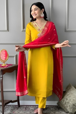 S K Fashion Embroidered, Self Design, Solid Kurta, Trouser/Pant & Dupatta Set