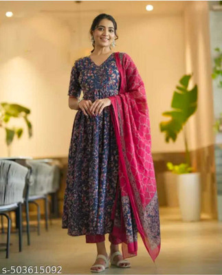 Kurtinic Floral Print Anarkali Kurta, Bottom & Dupatta Set