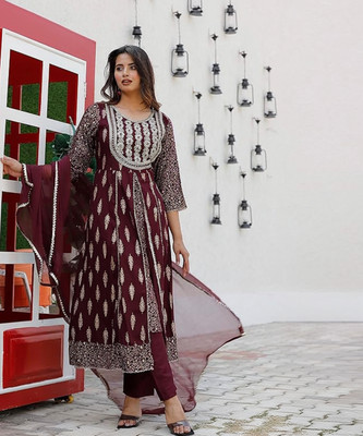 Trendjio Printed, Embroidered Kurta, Palazzo & Dupatta Set
