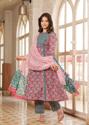 Myaza Floral Print Anarkali Kurta, Bottom & Dupatta Set