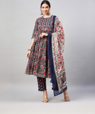 WineRed Floral Print Kurta, Trouser/Pant & Dupatta Set