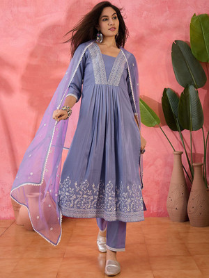 Sangria Embroidered Anarkali Kurta, Bottom & Dupatta Set
