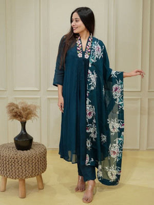 Eeloo Solid, Floral Print Kurta, Trouser/Pant & Dupatta Set