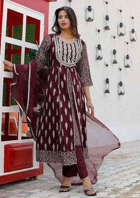 Trendjio Printed, Embroidered Kurta, Palazzo & Dupatta Set