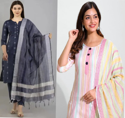 HOC's Striped, Printed Kurta, Trouser/Pant & Dupatta Set