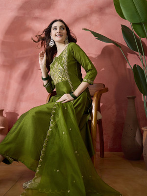 Sangria Embroidered Kurta, Trouser/Pant & Dupatta Set