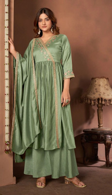 P Three Pluse Embellished Kurta, Palazzo & Dupatta Set