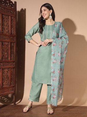 FABDEAL Embroidered, Solid Kurta, Trouser/Pant & Dupatta Set