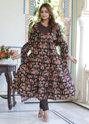 Jaipuri Stuff Graphic Print Anarkali Kurta, Bottom & Dupatta Set