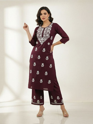Feezy Fashions Embroidered Kurta, Palazzo & Dupatta Set