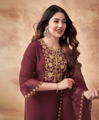 Skylee Embellished, Embroidered, Self Design Kurta, Palazzo & Dupatta Set