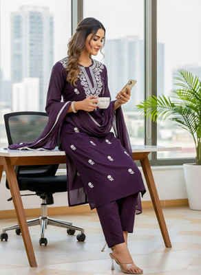 DESIHOOR Embroidered Kurta, Trouser/Pant & Dupatta Set